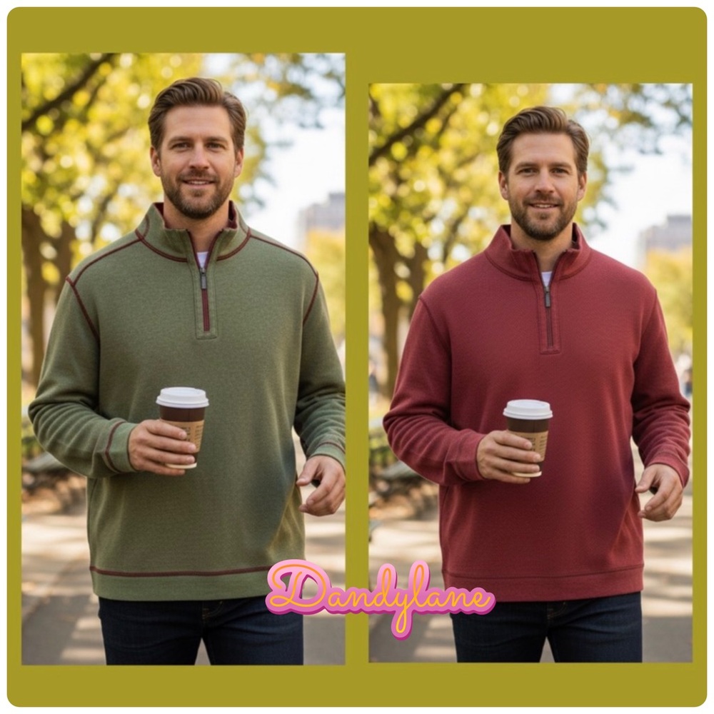 Tommy Bahama Tan Red Reversible 1/4 Zip-Up Sweater size Xl
